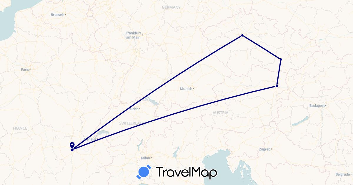TravelMap itinerary: driving in Austria, Czech Republic, France (Europe)
